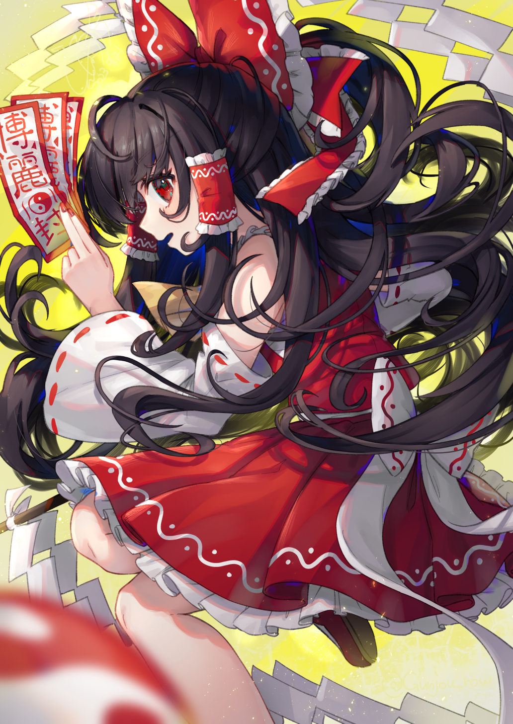 1girl ascot bare_shoulders black_hair bow brown_footwear detached_sleeves foot_out_of_frame frilled_skirt frills gohei gunjou_row hair_bow hair_tubes hakurei_reimu highres holding holding_gohei japanese_clothes long_hair nontraditional_miko ofuda open_mouth orb pleated_skirt red_bow red_eyes red_skirt ribbon-trimmed_sleeves ribbon_trim shoes sidelocks skirt solo touhou white_sleeves wide_sleeves yellow_ascot yin_yang yin_yang_orb