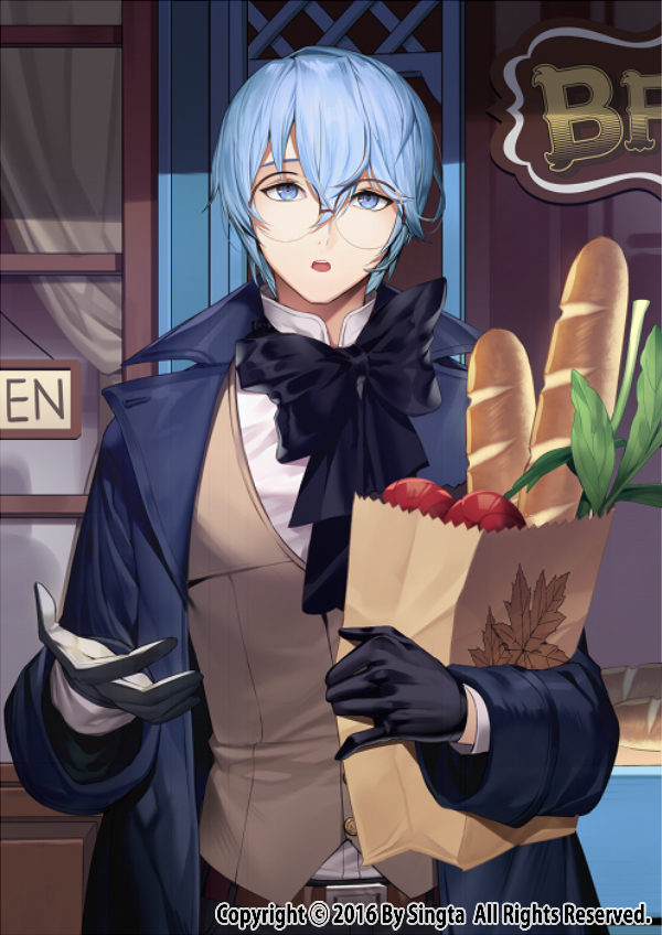 1boy :o bag baguette belt black_bow black_bowtie black_gloves blue_coat blue_eyes blue_hair bow bowtie bread brown_belt brown_vest carchet coat copyright double-parted_bangs food glasses gloves groceries grocery_bag hair_between_eyes holding holding_bag korean_commentary krylov_(sid_story) looking_at_viewer male_focus official_art open_clothes open_coat open_hand paper_bag popped_collar round_eyewear shirt shopping_bag short_hair sid_story solo storefront teeth two-tone_gloves upper_body upper_teeth_only vest white_gloves white_shirt