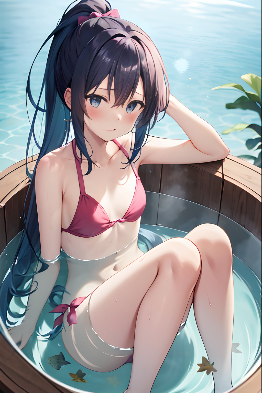 1girl ai-generated ai_generated bathing bathtub bikini blue_hair ponytail swimsuit water