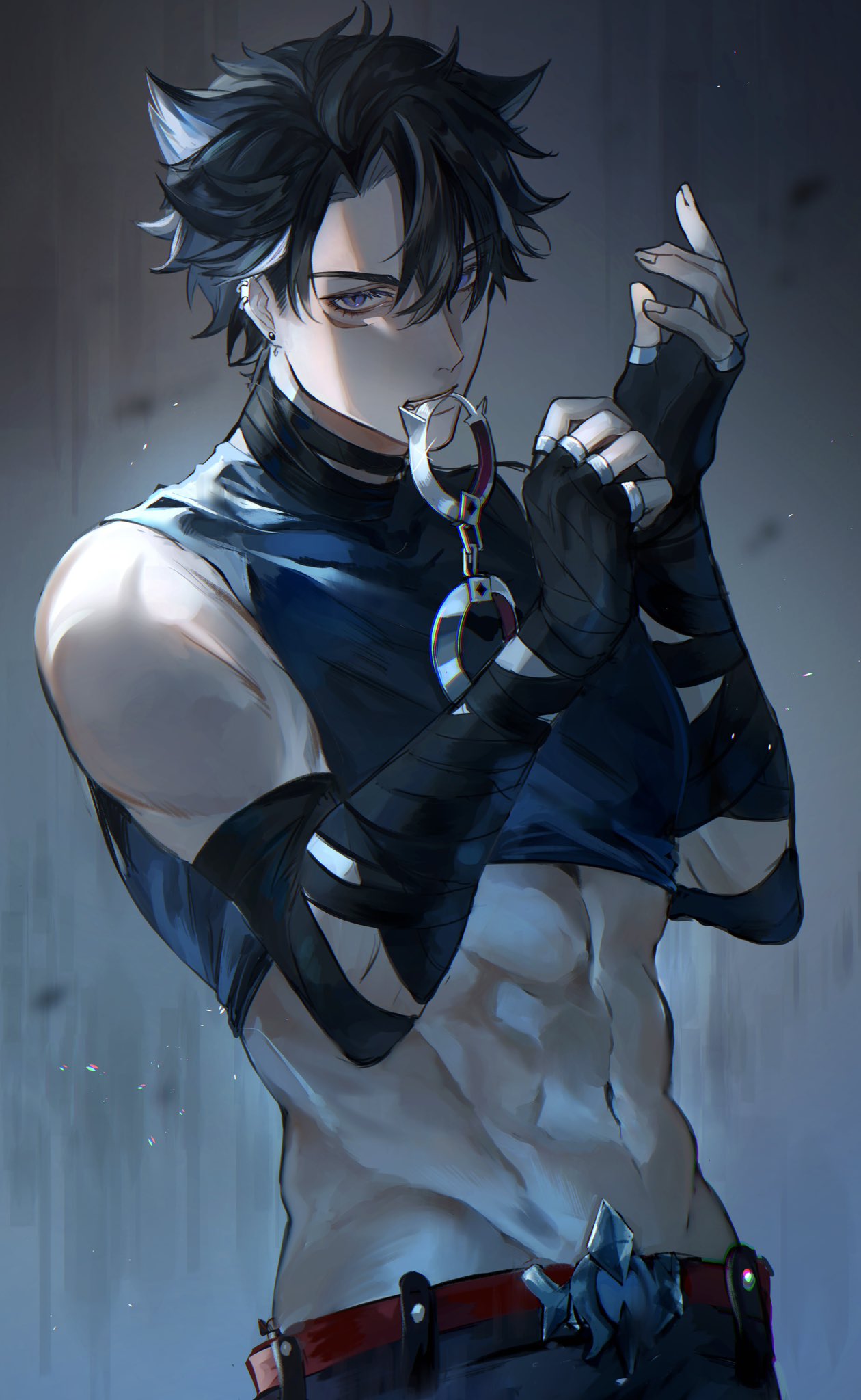 1boy bandaged_arm bandaged_neck bandages belt belt_buckle black_gloves black_hair black_shirt buckle commentary_request crop_top cuffs ear_piercing earrings eyelashes fang fingerless_gloves genshin_impact gloves grey_background grey_hair hair_between_eyes handcuffs hands_up highres jewelry looking_at_viewer male_focus midriff mouth_hold multicolored_hair navel parted_bangs parted_lips piercing red_belt scar scar_on_face shirt short_hair sleeveless sleeveless_shirt solo stomach streaked_hair stud_earrings teeth teeth_hold toned toned_male violet_eyes wriothesley_(genshin_impact) zaza_(zazam_s)
