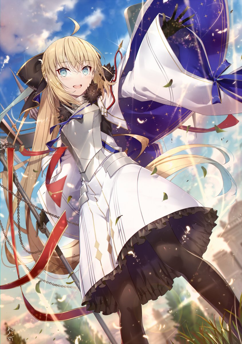 ahoge armor armored_dress black_fur black_gloves black_pantyhose blonde_hair blue_eyes blue_ribbon blue_sky blush breasts city clouds cloudy_sky dress fate/grand_order fate_(series) fur_trim gabiran gloves gold_trim highres holding holding_staff long_sleeves looking_at_viewer open_mouth pantyhose red_ribbon ribbon sky small_breasts staff standing teeth tonelico_(fate) twintails uvula white_dress