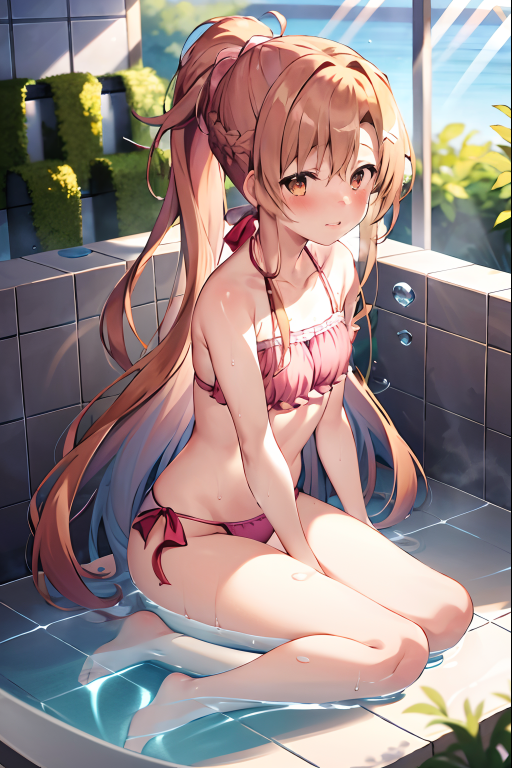 1girl ai-generated ai_generated asuna_(sao) asuna_(sao-alo) bare_shoulders bathing bikini blush looking_at_viewer ponytail sword_art_online water wet wet_clothes wet_swimsuit