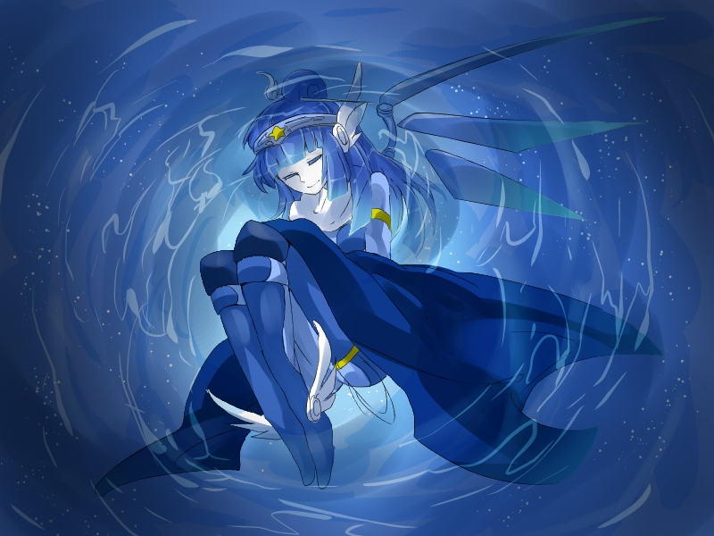 1girl blue_armor blue_background blue_footwear blue_hair blue_headband blue_jacket blue_pantyhose blue_sleeves blue_wings blunt_bangs boots closed_eyes closed_mouth commentary_request crystal_wings curled_up full_body hair_bun headband jacket jacket_partially_removed kirby_(series) knee_boots long_sleeves lor_starcutter medium_hair pantyhose partially_submerged personification shirushiki single_hair_bun sleeve_garter smile socks solo star_(sky) star_(symbol) star_print thigh_garter water white_socks wing_hair_ornament wing_hairpin winged_footwear wings yellow_garter