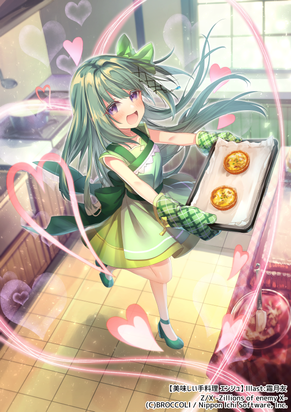 1girl :d ankle_strap apron baking baking_sheet blush bow cooking_pot copyright counter dress food full_body green_apron green_bow green_dress green_footwear green_hair hair_bow heart high_heels holding holding_tray kitchen ladle looking_at_viewer mixing_bowl official_art one_side_up ori_simo oven_mitts quiche short_sleeves smile solo spatula standing standing_on_one_leg tile_floor tiles tray violet_eyes window wispy_bangs z/x