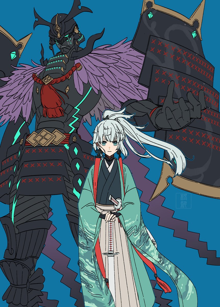1boy 1other ambiguous_gender androgynous aqua_kimono armor black_armor blue_background blue_eyes closed_mouth commentary_request expressionless fate/samurai_remnant fate_(series) feather_trim floating_hair full_armor gauntlets grey_hair grey_hakama hakama hakama_skirt haori height_difference helmet highres holding holding_sword holding_weapon japanese_armor japanese_clothes kabuto_(helmet) katana kibou kimono long_hair looking_at_viewer ponytail rider_(fate/samurai_remnant) simple_background skirt sword weapon wide_sleeves yui_shousetsu_(fate)