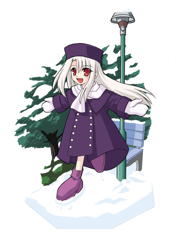 1girl bench blush boots coat fate/stay_night fate_(series) full_body fur_hat hat illyasviel_von_einzbern kaze_shibuki lamppost long_hair looking_at_viewer mittens open_mouth papakha purple_coat purple_headwear red_eyes scarf smile snow solo tree white_hair white_mittens white_scarf winter_clothes