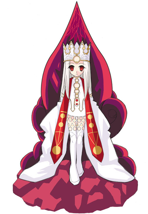 1girl boots crown dress expressionless fate/stay_night fate_(series) full_body heaven's_feel illyasviel_von_einzbern illyasviel_von_einzbern_(dress_of_heaven) kaze_shibuki long_hair looking_at_viewer red_eyes sleeves_past_fingers sleeves_past_wrists solo thigh_boots white_dress white_footwear white_hair wide_sleeves