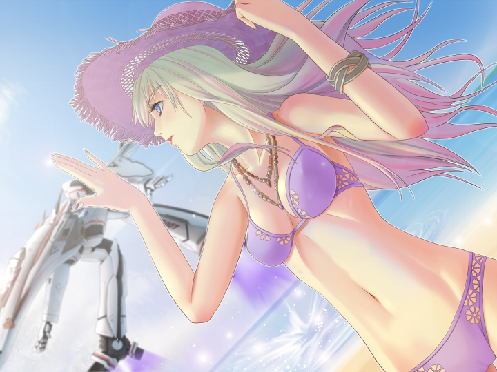 bikini blonde_hair blue_eyes bracelet breasts flying gerwalk hat hovering jewelry long_hair macross macross_frontier mecha navel necklace raybar saotome_alto sheryl_nome swimsuit vf-25 water