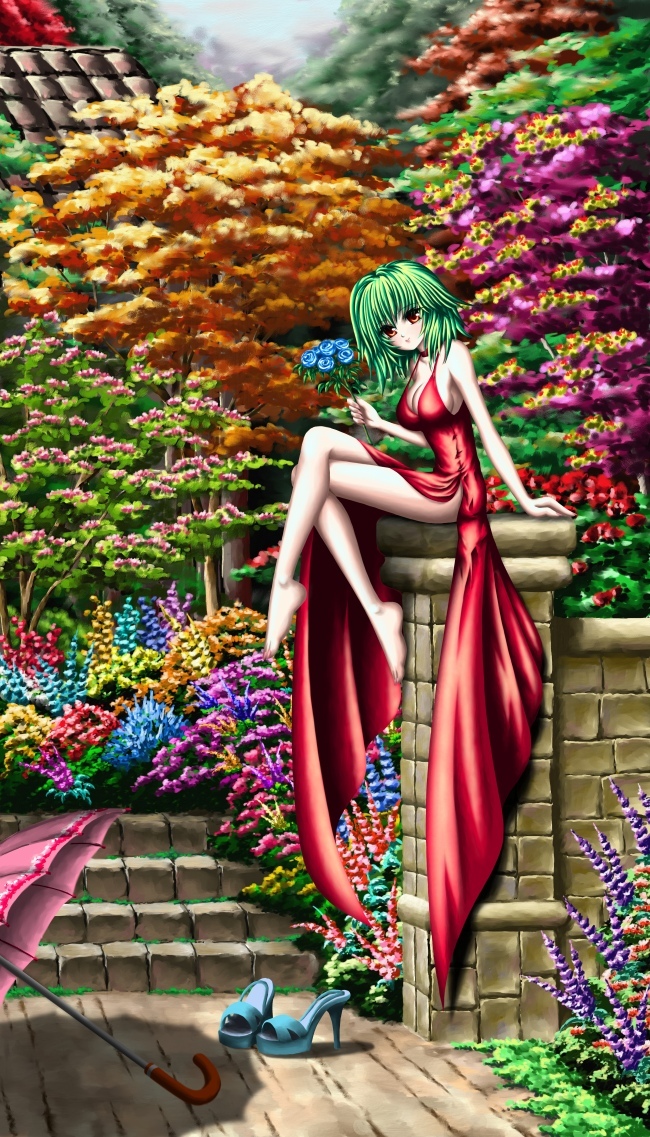 barefoot breasts choker cleavage crossed_legs dress flower garden green_hair head_tilt high_heels holding holding_flower jihadangel kazami_yuuka large_breasts legs orange_eyes pillar red_eyes shoes shoes_removed short_hair sideboob sitting solo stairs touhou tree umbrella zfmr