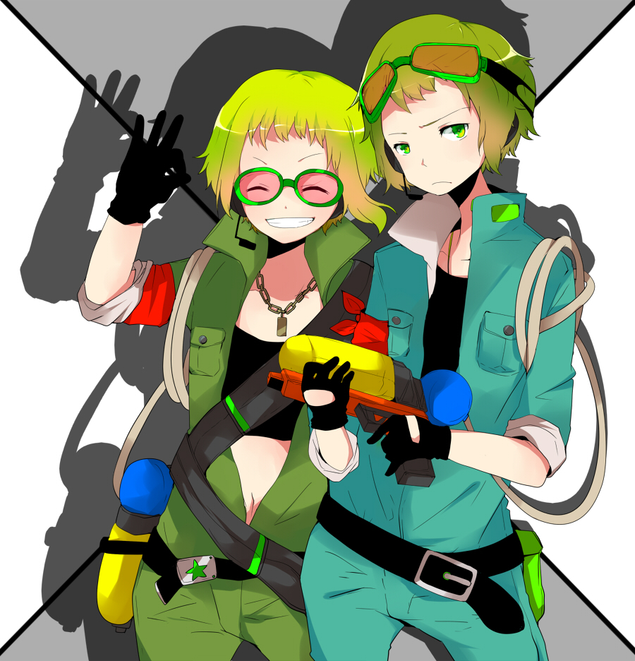 armband ayase08 belt bokura_no_16bit_warz_(vocaloid) closed_eyes crop_top dog_tags dogtags dual_persona frown genderswap gloves goggles goggles_on_head green_eyes green_hair grin gumi gumiya gumo gun headset holster jumpsuit midriff ok ok_sign pun2 rope shadow short_hair smile star vocaloid weapon