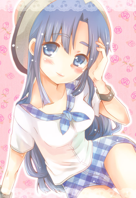 blue_eyes blue_hair blush casual eik0 hat long_hair suzumiya_haruhi_no_yuuutsu yoshizoe_eiko