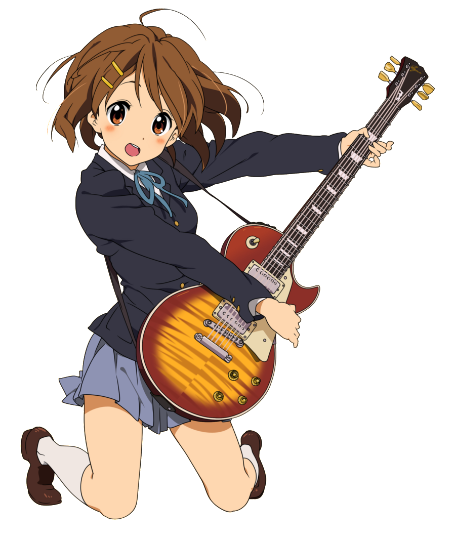 blazer blush brown_eyes brown_hair dress_shirt guitar hair_ornament hairclip happy hirasawa_yui horiguchi_yukiko instrument k-on! kneeling loafers messy_hair official_art open_mouth pose ribbon school_uniform shirt shoes skirt socks solo strap vector_trace