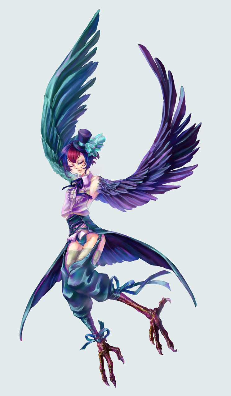 bad_id closed_eyes feathered_wings harpy hat highres mika_kinoto monster_girl original short_hair simple_background smile solo top_hat wings