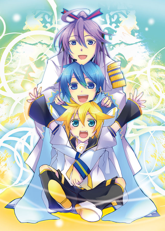 3guys blonde_hair blue_eyes blue_hair blush detached_sleeves happy haru_aki headphones headset kagamine_len kaito kamui_gakupo long_hair multiple_boys nail_polish open_mouth purple_hair scarf shoes teeth vocaloid