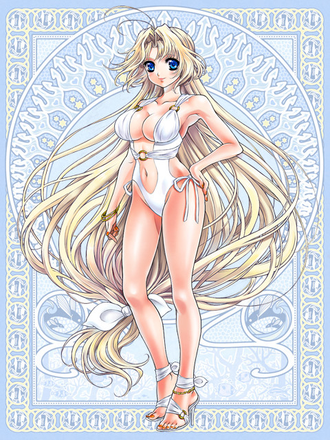blonde_hair blue_eyes bracelet breasts hand_on_hip high_heels jewelry long_hair nail_polish sandals shoes silver_rain solo swimsuit very_long_hair