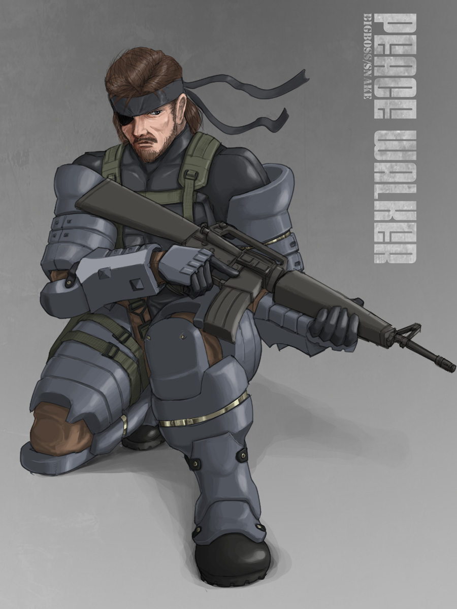 assault_rifle bandana big_boss brown_hair eyepatch gun highres m16 metal_gear_solid metal_gear_solid_peace_walker naked_snake nelo_(fox) rifle trigger_discipline weapon