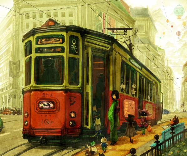 city cityscape hot_air_balloon japanese_clothes kimihiyo kimono scenery streetcar tram