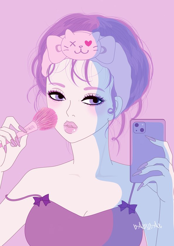 1girl babycat555 bare_shoulders hairband holding holding_phone looking_at_viewer manicure messy_hair original parted_lips phone purple_background purple_theme selfie signature simple_background solo spaghetti_strap tank_top violet_eyes