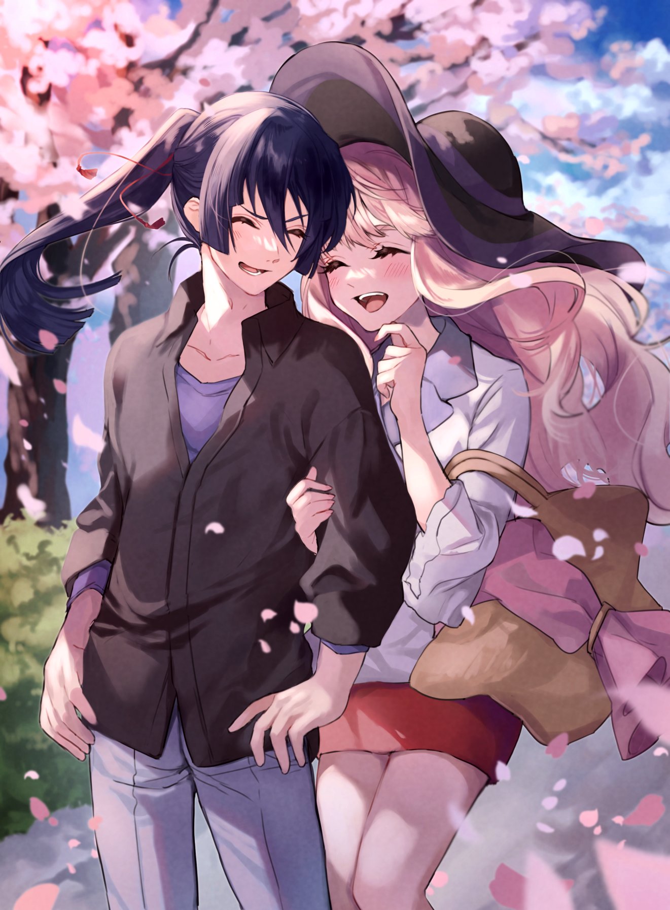 1boy 1girl bag black_headwear black_shirt blue_shirt blue_sky blunt_bangs blurry blurry_background blush casual cherry_blossoms cherry_tree closed_eyes clouds cloudy_sky collarbone collared_shirt commentary_request couple cowboy_shot falling_petals floating_hair hair_between_eyes hat high_ponytail highres holding_another's_arm jacket long_hair macross macross_frontier miniskirt open_mouth outdoors petals red_skirt saotome_alto sechi_(stst1850) sheryl_nome shirt skirt sky smile thick_eyebrows white_jacket