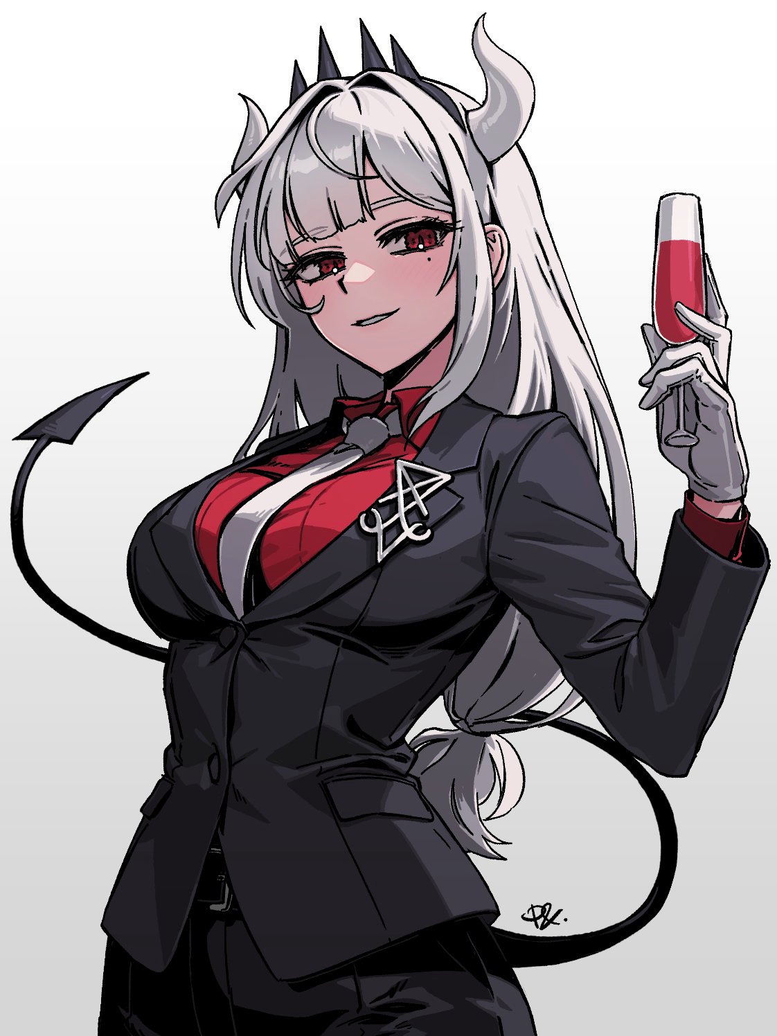 1girl alcohol black_jacket black_necktie blunt_bangs breasts buttons commentary cup demon_girl demon_horns drinking_glass gloves helltaker highres horns jacket large_breasts long_hair looking_at_viewer lucifer_(helltaker) mole mole_under_eye necktie paulandcookie red_eyes red_shirt shirt signature smile solo white_background white_hair white_horns wine wine_glass
