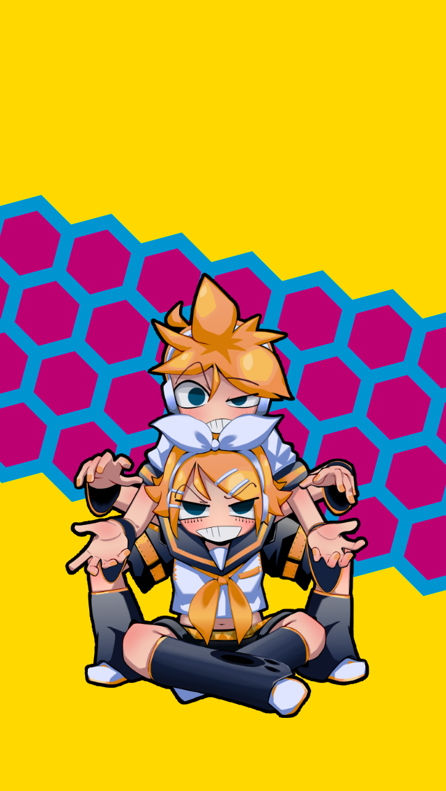 1boy 1girl arms_up behind_another black_leg_warmers black_shorts blonde_hair blue_eyes blush bow brother_and_sister clenched_teeth commentary_request grin hair_bow hair_ornament hairclip half-closed_eyes headphones honeycomb_(pattern) honeycomb_background ikki_(inferiorin) indian_style kagamine_len kagamine_rin looking_at_viewer midriff multicolored_background navel open_hands purple_background scowl shirt shoes short_hair short_sleeves shorts siblings sitting sleeveless sleeveless_shirt smile spiky_hair straight-on sumo swept_bangs teeth uneven_eyes v-shaped_eyebrows vocaloid white_bow white_footwear white_shirt yellow_background yellow_nails