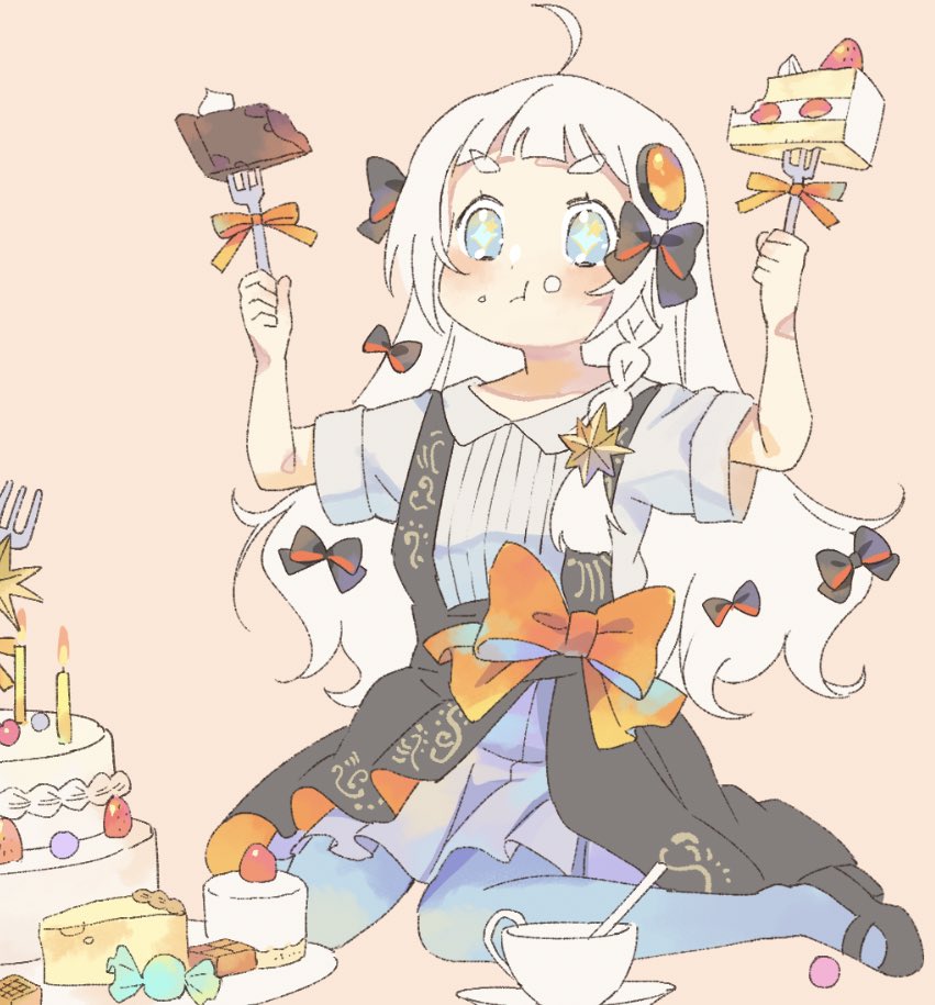 +_+ 1girl a.i._voice alternate_costume aqua_pupils arms_up black_footwear black_skirt blue_eyes blue_pantyhose blush bow braid cake cake_slice chipochopo324 closed_mouth collared_shirt commentary_request cup eating food food_bite food_on_face food_request fork full_body full_mouth grey_shirt grey_skirt hair_bow hair_ornament holding holding_fork icing kizuna_akari kizuna_akari_(tsubomi) layer_cake layered_skirt long_hair mary_janes multiple_hair_bows orange_background orange_bow pantyhose ribbed_shirt shirt shoes short_bangs short_sleeves side_braid simple_background sitting skirt solo strawberry_shortcake suspender_skirt suspenders teacup thick_eyebrows v-shaped_eyebrows voiceroid waist_bow wariza wavy_hair white_hair