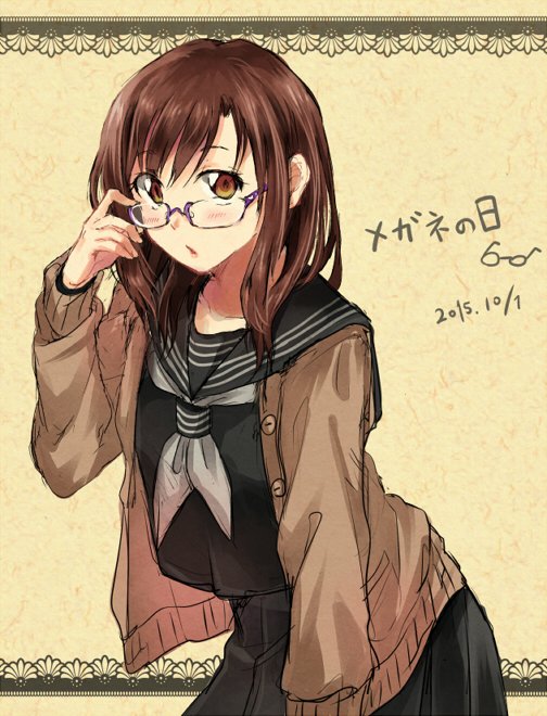1girl adjusting_eyewear black_sailor_collar black_serafuku black_shirt brown_cardigan brown_eyes brown_hair buttons cardigan commentary_request cowboy_shot dated glasses glasses_day lace leaning_forward light_brown_background long_sleeves looking_at_viewer looking_over_eyewear neckerchief nekozuki_yuki open_cardigan open_clothes original paper_texture parted_lips pleated_skirt purple-framed_eyewear sailor_collar school_uniform semi-rimless_eyewear serafuku shirt skirt solo striped translated unbuttoned white_neckerchief white_stripes