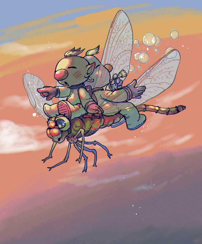 2boys alien asaikaina back-to-back backpack bag big_nose blonde_hair blue_gloves blush_stickers brown_hair bubble_blowing bug closed_eyes clouds commentary_request dragonfly flying gloves gradient_sky holding insect_wings louie_(pikmin) male_focus multiple_boys olimar open_mouth orange_sky pikmin_(series) pointing pointing_forward pointy_ears red_bag red_gloves riding riding_animal short_hair sitting_on_animal sky spacesuit sunset very_short_hair wind wind_lift wings