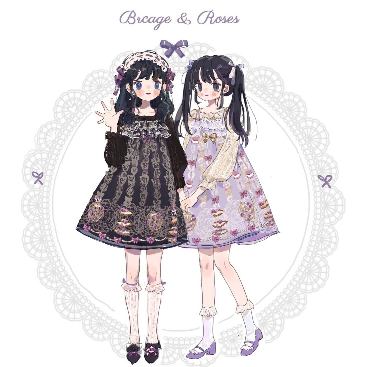2girls birdcage black_dress black_eyes black_footwear black_hair black_shirt blue_eyes blush_stickers bow bow_legwear cage closed_mouth collarbone dress dress_bow english_text eyelashes food food-themed_clothes footwear_bow frilled_footwear frilled_hairband frilled_shirt frilled_socks frills full_body gold_bow hair_bow hair_ornament hairband hand_up heart heart_hair_ornament high_heels highres holding_hands kneehighs lace-trimmed_dress lace_bow lace_dress lace_sleeves lace_trim lipstick lolita_fashion lolita_hairband long_hair long_sleeves looking_at_viewer macaron makeup multiple_girls oreorainbow030 original over-kneehighs puffy_long_sleeves puffy_sleeves pumps purple_bow purple_dress purple_footwear purple_lips purple_trim ribbon-trimmed_hairband shirt short_dress sleeveless sleeveless_dress smile socks sparkling_eyes straight_hair strap tart_(food) thigh-highs twintails wavy_hair white_background white_hairband white_socks yellow_shirt