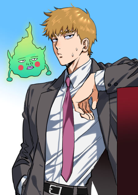 1boy arm_rest belt black_eyes brown_hair closed_mouth collared_shirt ekubo_(mob_psycho_100) grey_jacket hand_in_own_hair jacket kanapy male_focus mob_psycho_100 necktie open_clothes open_jacket pants pink_necktie red_necktie reigen_arataka shirt simple_background sweat upper_body