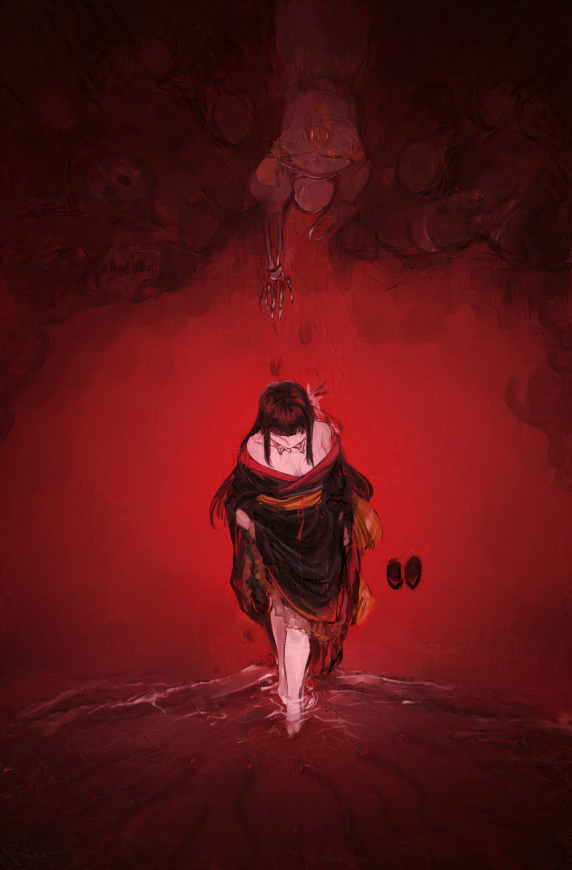 1girl bare_shoulders barefoot black_hair black_kimono commentary covered_eyes damagepersaku english_commentary final_fantasy final_fantasy_xiv flower hair_flower hair_ornament hime_cut hyur japanese_clothes kimono long_hair obi off_shoulder pile_of_corpses red_theme red_trim sash shoes shoes_removed skeletal_hand skirt_hold skull solo_focus straight_hair wading water wide_shot yotsuyu_goe_brutus