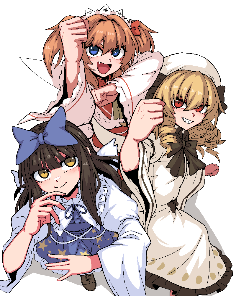 3girls black_hair blonde_hair blue_eyes closed_mouth drill_hair fang formicid hair_between_eyes headdress long_hair looking_at_viewer luna_child multiple_girls open_mouth orange_hair red_eyes simple_background smile star_sapphire sunny_milk touhou two_side_up white_background yellow_eyes