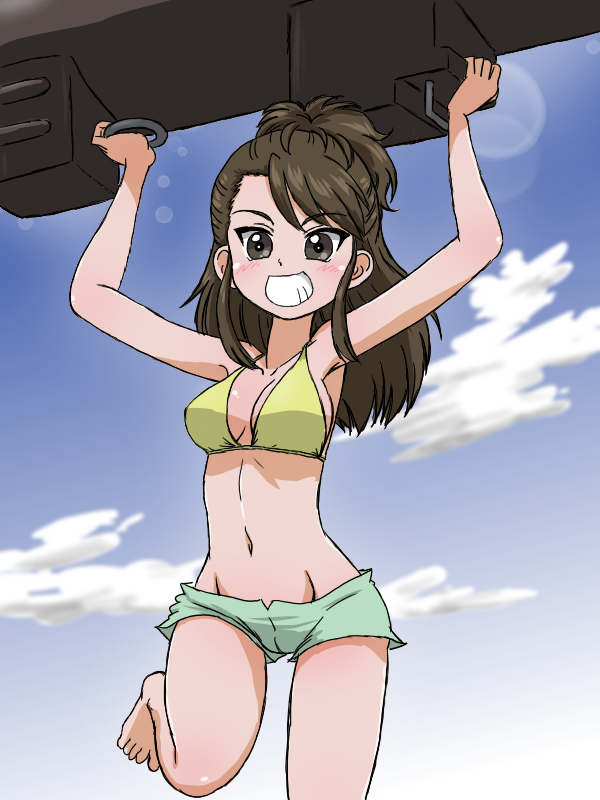 1girl amaretto_(girls_und_panzer) arms_up asymmetrical_bangs barefoot bikini bikini_shorts blue_sky breasts brown_eyes brown_hair clouds cloudy_sky commentary cosplay cowboy_shot day girls_und_panzer green_bikini grin groin half_updo halterneck holding inflatable_toy leg_up lens_flare long_hair looking_at_viewer medium_breasts mismatched_bikini navel outdoors pepperoni_(girls_und_panzer) pepperoni_(girls_und_panzer)_(cosplay) shorts sky smile solo standing standing_on_one_leg swimsuit takahashi_kurage yellow_bikini
