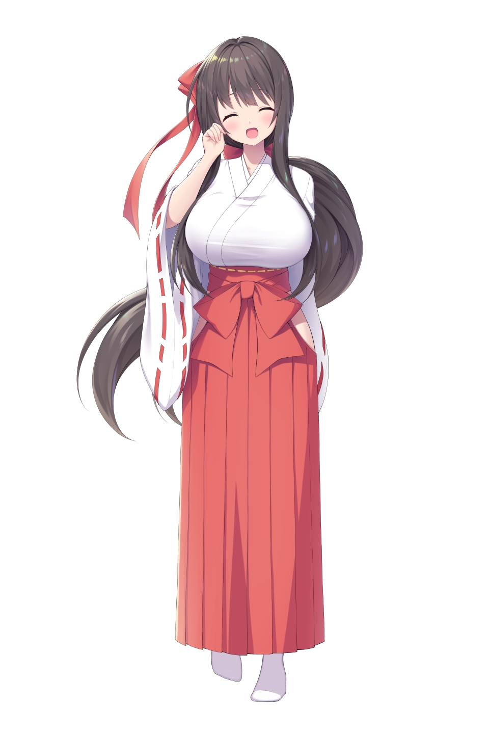 1girl :d ^_^ black_hair blush bow breasts closed_eyes commentary_request facing_viewer full_body hair_bow hakama hakama_skirt hand_up highres hip_vent japanese_clothes kimono large_breasts long_hair long_sleeves miko original red_bow red_hakama ribbon-trimmed_sleeves ribbon_trim sasakura_momiji simple_background skirt smile socks solo standing very_long_hair white_background white_kimono white_socks wide_sleeves