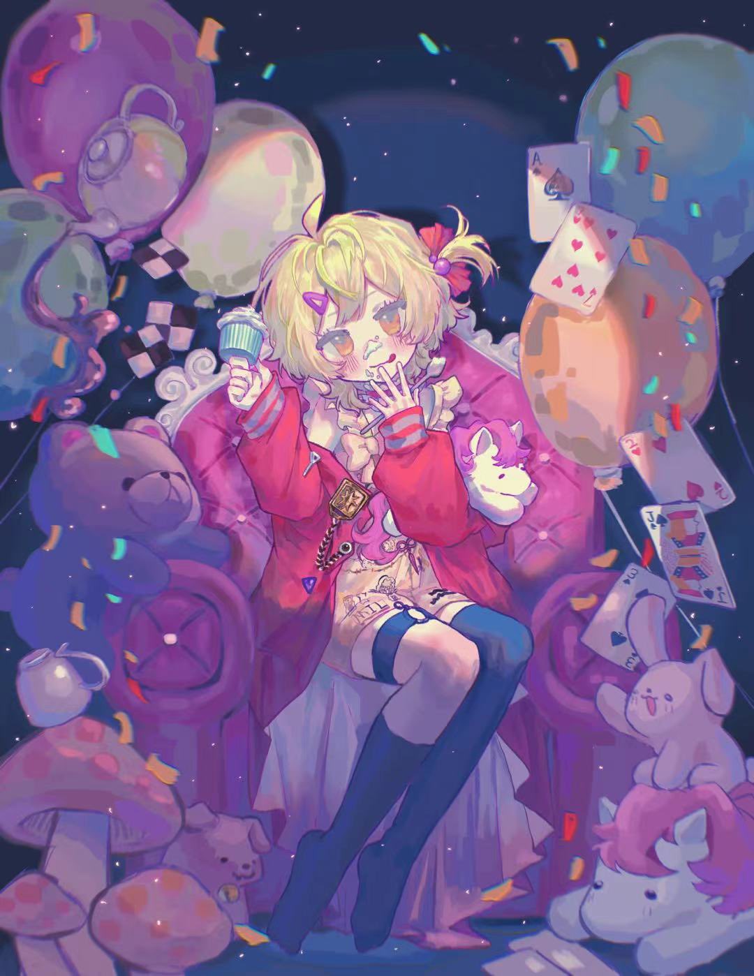1girl :3 :q ace_(playing_card) ace_of_spades armchair asymmetrical_legwear balloon black_thighhighs blonde_hair blush bow bowtie brown_shorts card chair confetti cupcake don_quixote_(limbus_company) food food_on_face highres jack_(playing_card) jack_of_spades jacket limbus_company liyln02617464 looking_at_viewer mushroom pink_bow pink_bowtie pink_jacket playing_card project_moon seven_of_hearts shorts single_sock single_thighhigh sitting socks solo spade_(shape) sticker stuffed_animal stuffed_toy teddy_bear thigh-highs thigh_strap three_of_spades tongue tongue_out two_of_hearts uneven_legwear yellow_eyes