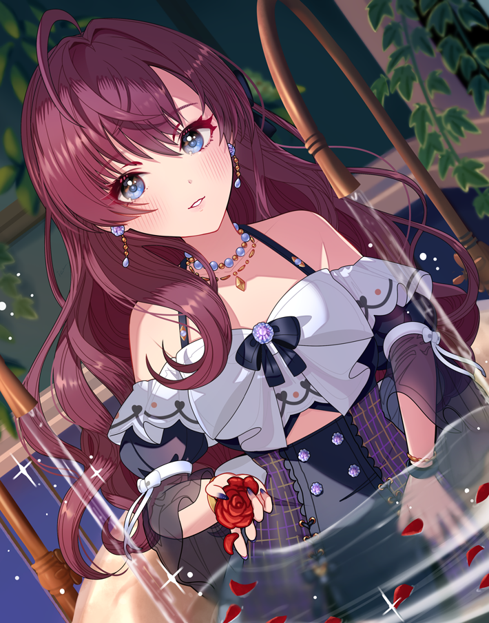 1girl bare_shoulders bathtub blue_eyes blush breasts brown_hair earrings flower frilled_sleeves frills hair_between_eyes holding holding_flower ich. ichinose_shiki idolmaster idolmaster_cinderella_girls idolmaster_cinderella_girls_starlight_stage jewelry long_hair necklace open_mouth partially_submerged petals rose rose_petals smile solo wavy_hair