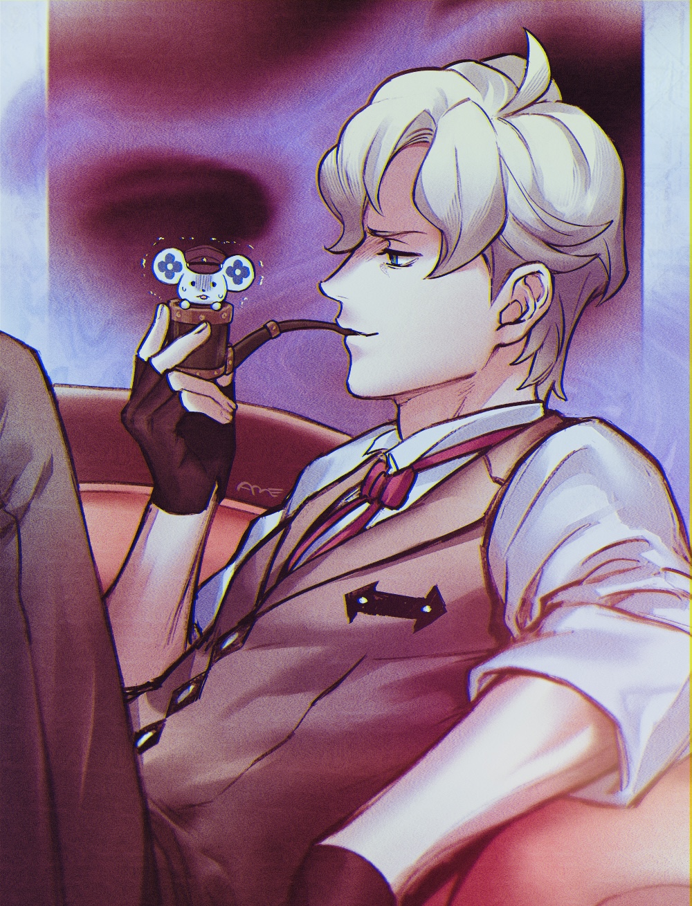 1boy ace_attorney amemomism artist_name blonde_hair blue_eyes brown_gloves brown_vest chuunosuke_(ace_attorney) collared_shirt couch fingerless_gloves from_side gloves grey_pants hand_up herlock_sholmes highres holding holding_smoking_pipe looking_at_another male_focus neck_ribbon on_couch pants pink_ribbon ribbon scared shirt short_hair sleeves_rolled_up smile smoking_pipe sweatdrop the_great_ace_attorney trembling turn_pale vest white_shirt