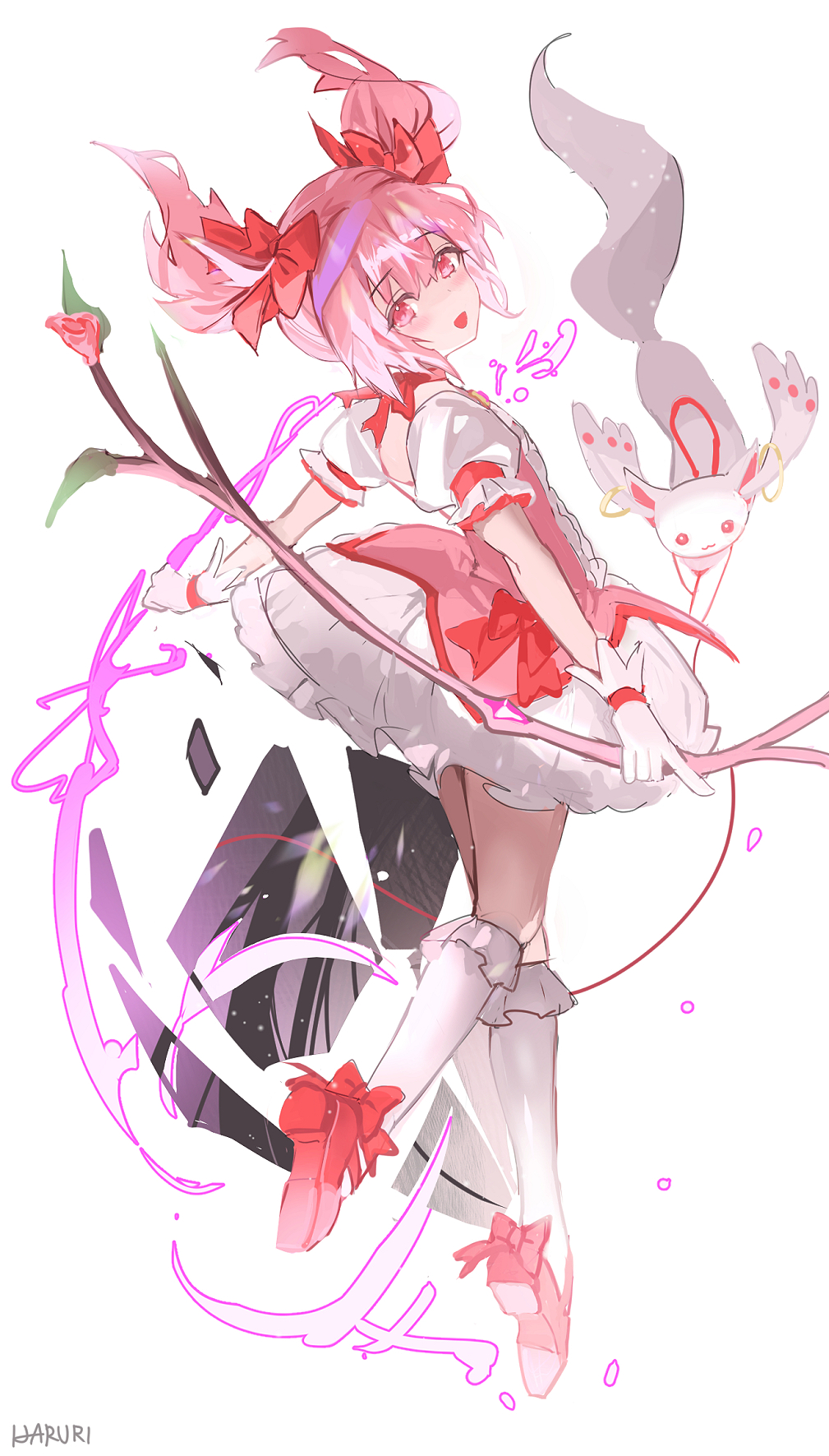 1girl arrow_(projectile) bow_(weapon) dress frilled_dress frills full_body gloves haruri highres holding holding_arrow holding_bow_(weapon) holding_weapon kaname_madoka kneehighs kyubey magical_girl mahou_shoujo_madoka_magica open_mouth pink_eyes pink_footwear pink_hair puffy_short_sleeves puffy_sleeves short_dress short_sleeves socks twintails weapon white_gloves white_socks