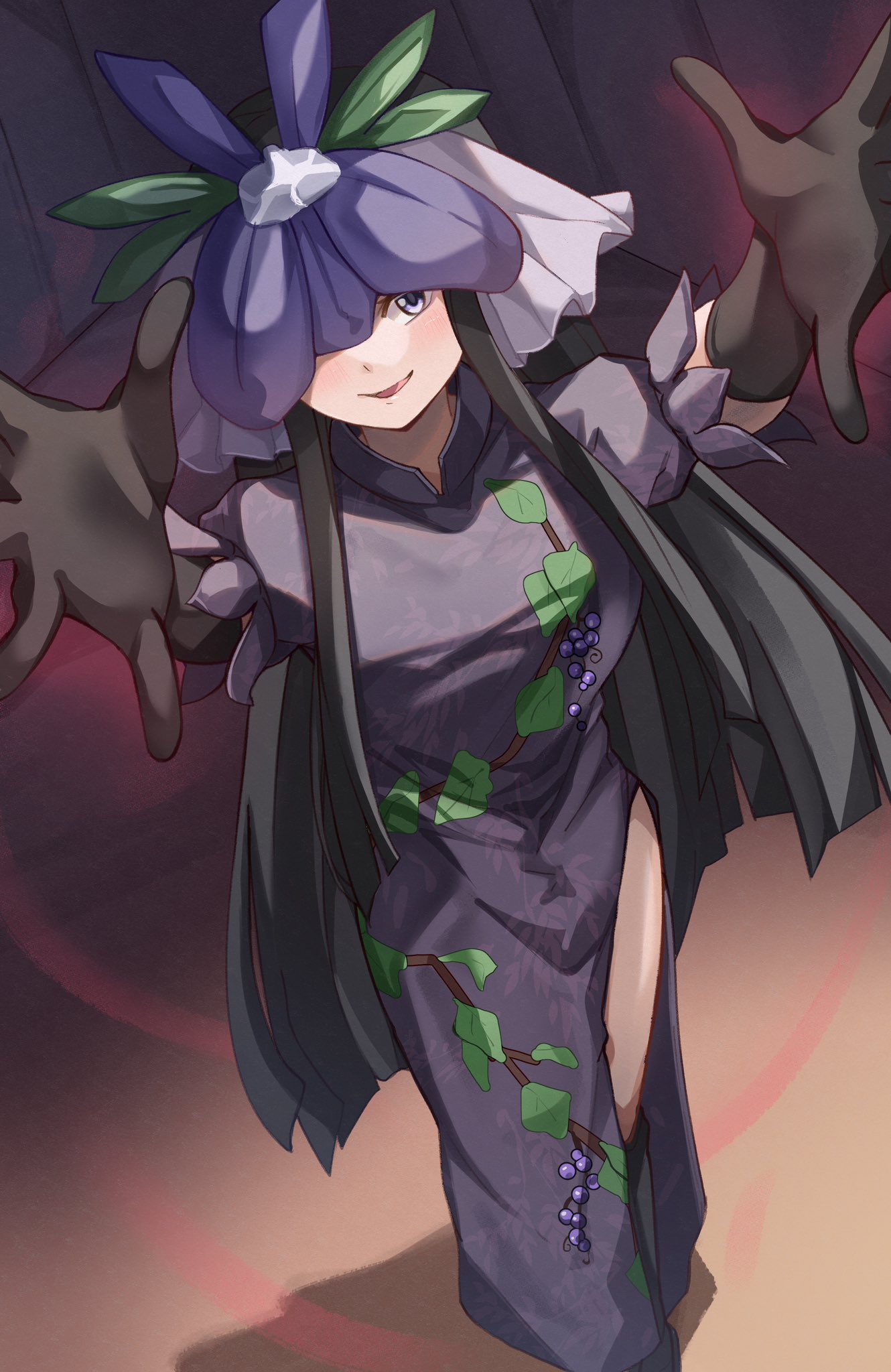1girl black_footwear black_gloves black_hair china_dress chinese_clothes dress elbow_gloves floral_print flower flower_on_head fruit_print gloves grape_print hands_up highres leaf_print long_hair looking_at_viewer maboroshi_mochi orchid puffy_short_sleeves puffy_sleeves purple_dress short_sleeves smile solo touhou vine_print violet_eyes yomotsu_hisami