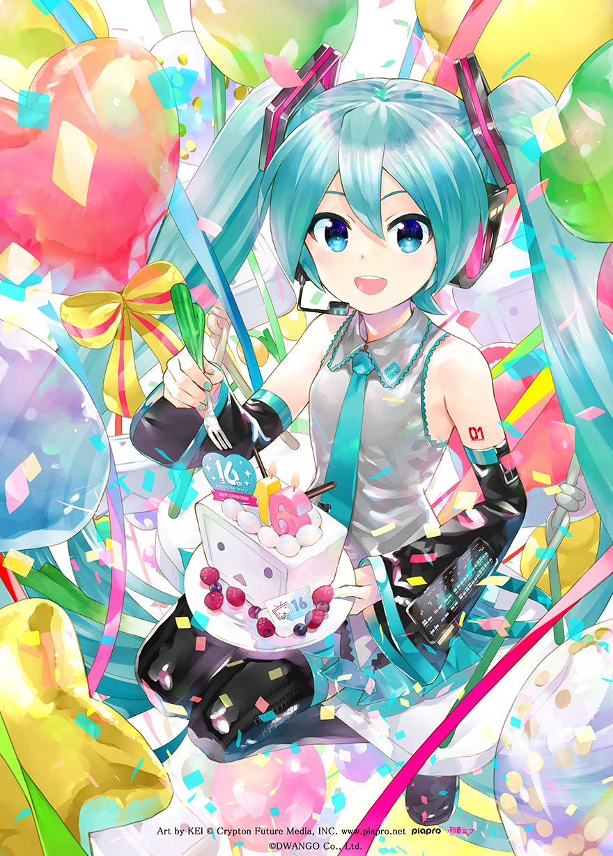 ._. 1girl anniversary aqua_eyes aqua_hair aqua_nails aqua_necktie balloon bare_shoulders birthday_cake black_skirt black_sleeves black_thighhighs blueberry bow cake candle commentary confetti crypton_future_media detached_sleeves food from_above fruit grey_shirt hair_ornament hatsune_miku headphones headset heart_balloon highres kei_(keigarou) long_hair looking_at_viewer miniskirt nail_polish necktie niconico number_candle piapro pleated_skirt raspberry ribbon second-party_source shiny_clothes shirt shoulder_tattoo sitting skirt sleeveless sleeveless_shirt solo star_balloon streamers striped striped_ribbon swing tattoo terebi-chan thigh-highs triangle_mouth twintails very_long_hair vocaloid yellow_ribbon