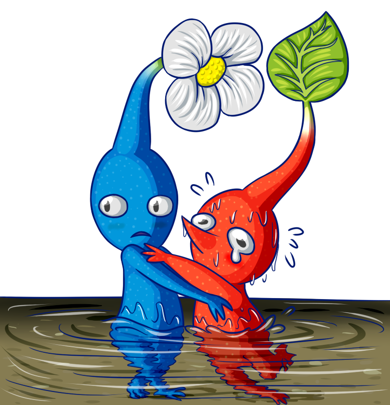 asphyxiation black_eyes blue_pikmin blue_skin colored_skin commentary drowning english_commentary flower flying_sweatdrops hug leaf light_blush no_humans no_mouth partially_submerged pikmin_(creature) pikmin_(series) red_pikmin red_skin rescue tearing_up to-lazy-for-username transparent_background triangle_mouth water white_flower