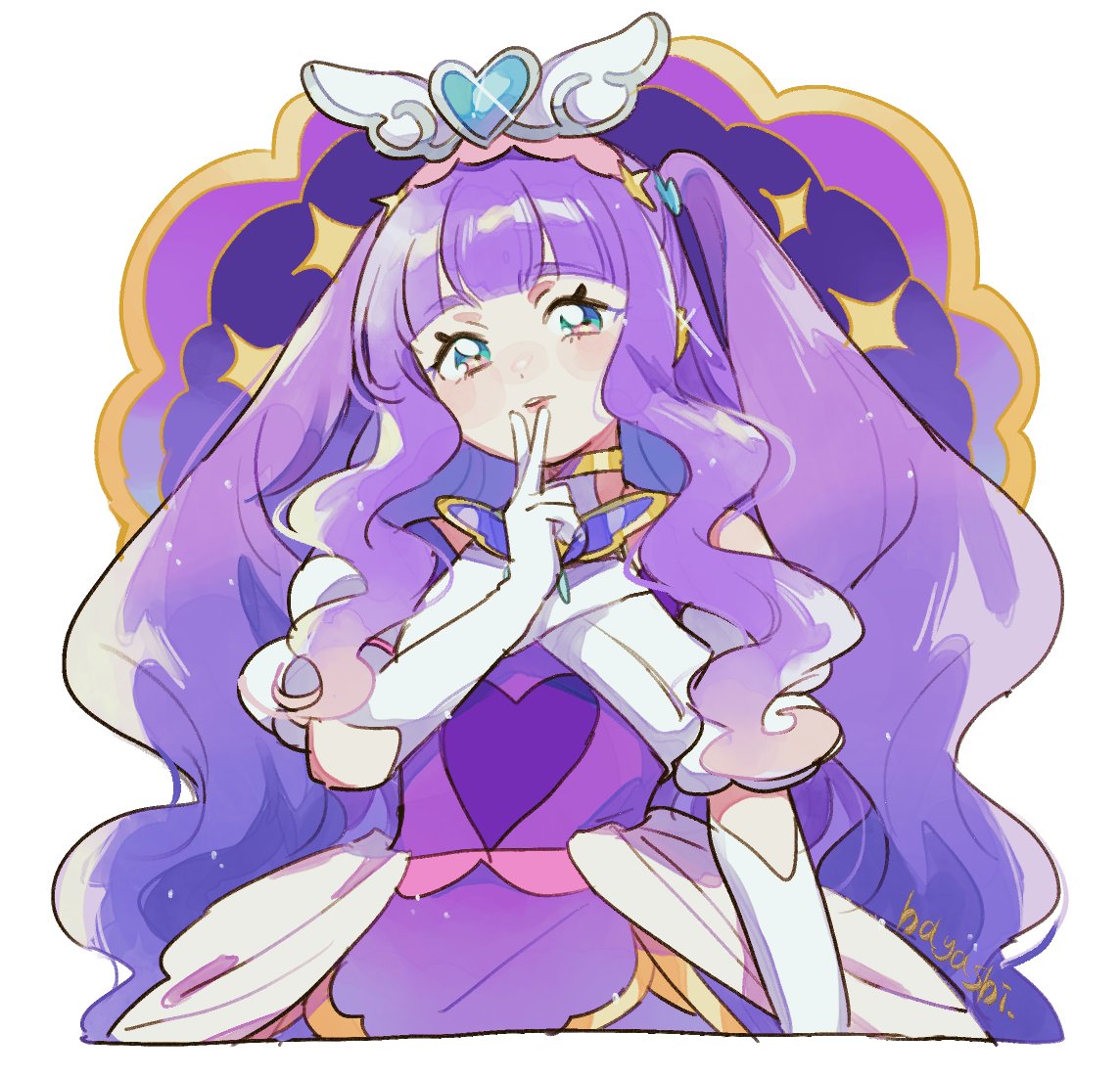 1girl artist_name blue_eyes butterfly_brooch cure_majesty elbow_gloves ellee-chan gloves hair_ornament hair_wings hayashi_(kanzume) head_tilt heart heart_hair_ornament hirogaru_sky!_precure looking_at_viewer parted_lips precure purple_hair sidelocks solo sparkle upper_body white_gloves