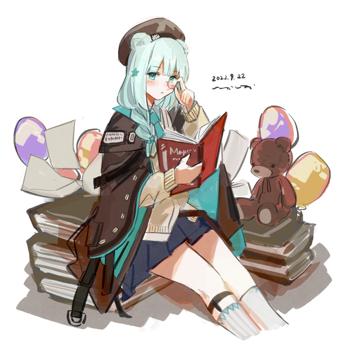 1girl adjusting_eyewear animal_ears aqua_eyes aqua_hair aqua_necktie arknights balloon bear_ears beret blue_skirt blush book book_stack braid brown_cloak brown_headwear cardigan cloak commentary cropped_legs dated hat highres holding holding_weapon istina_(arknights) k-yosinori looking_at_viewer monocle necktie open_book paper parted_lips pleated_skirt shadow short_hair side_braid signature simple_background sketch skirt solo stuffed_animal stuffed_toy teddy_bear weapon white_background yellow_cardigan