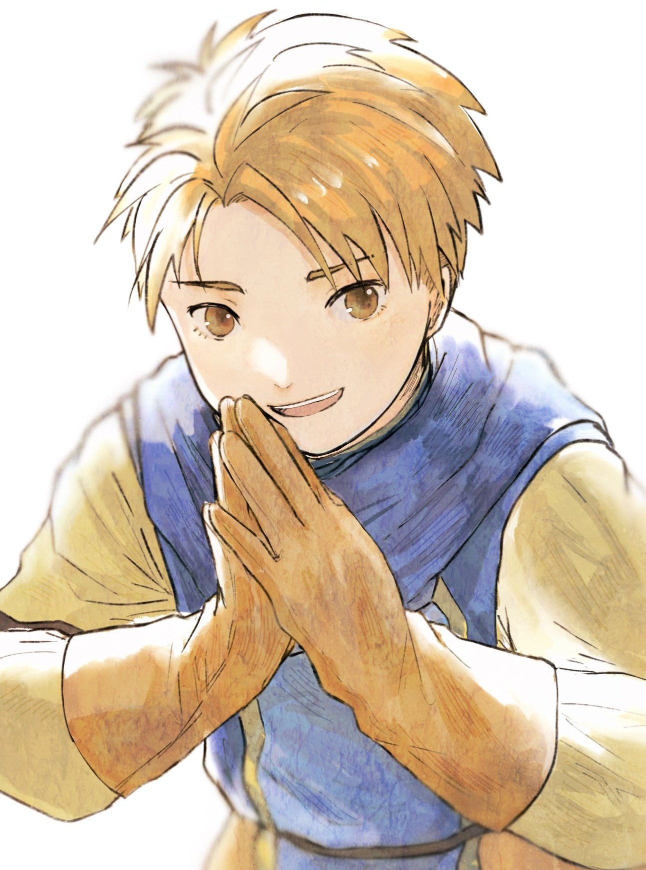 1boy brown_eyes brown_hair gensou_suikoden gensou_suikoden_i gloves highres korunosabu long_sleeves looking_at_viewer male_focus open_mouth own_hands_together short_hair simple_background smile solo ted_(suikoden) white_background