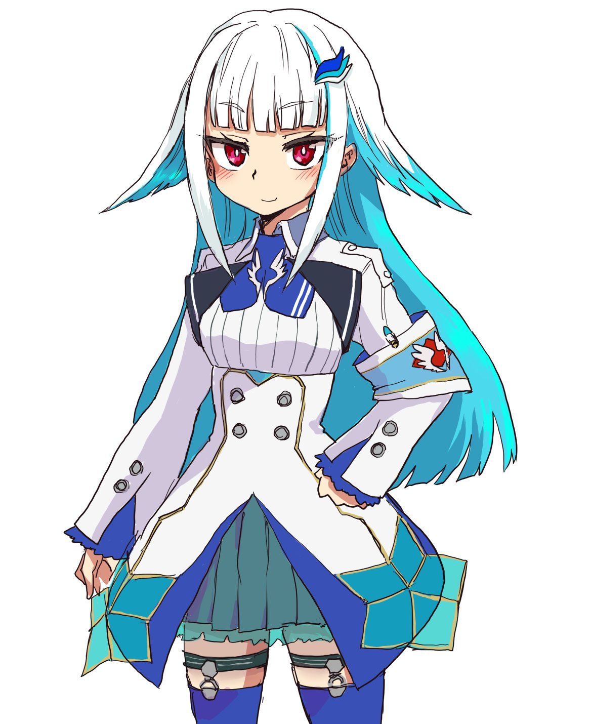 1girl armband blue_hair blue_skirt blue_thighhighs closed_mouth commentary_request hair_flaps hair_ornament hand_on_own_hip highres jacket lize_helesta lize_helesta_(1st_costume) long_hair long_sleeves looking_at_viewer multicolored_hair nijisanji pleated_skirt red_eyes safety_pin shirt simple_background skirt sleeves_past_wrists smile solo suzurino thigh-highs two-tone_hair very_long_hair virtual_youtuber white_background white_hair white_jacket white_shirt