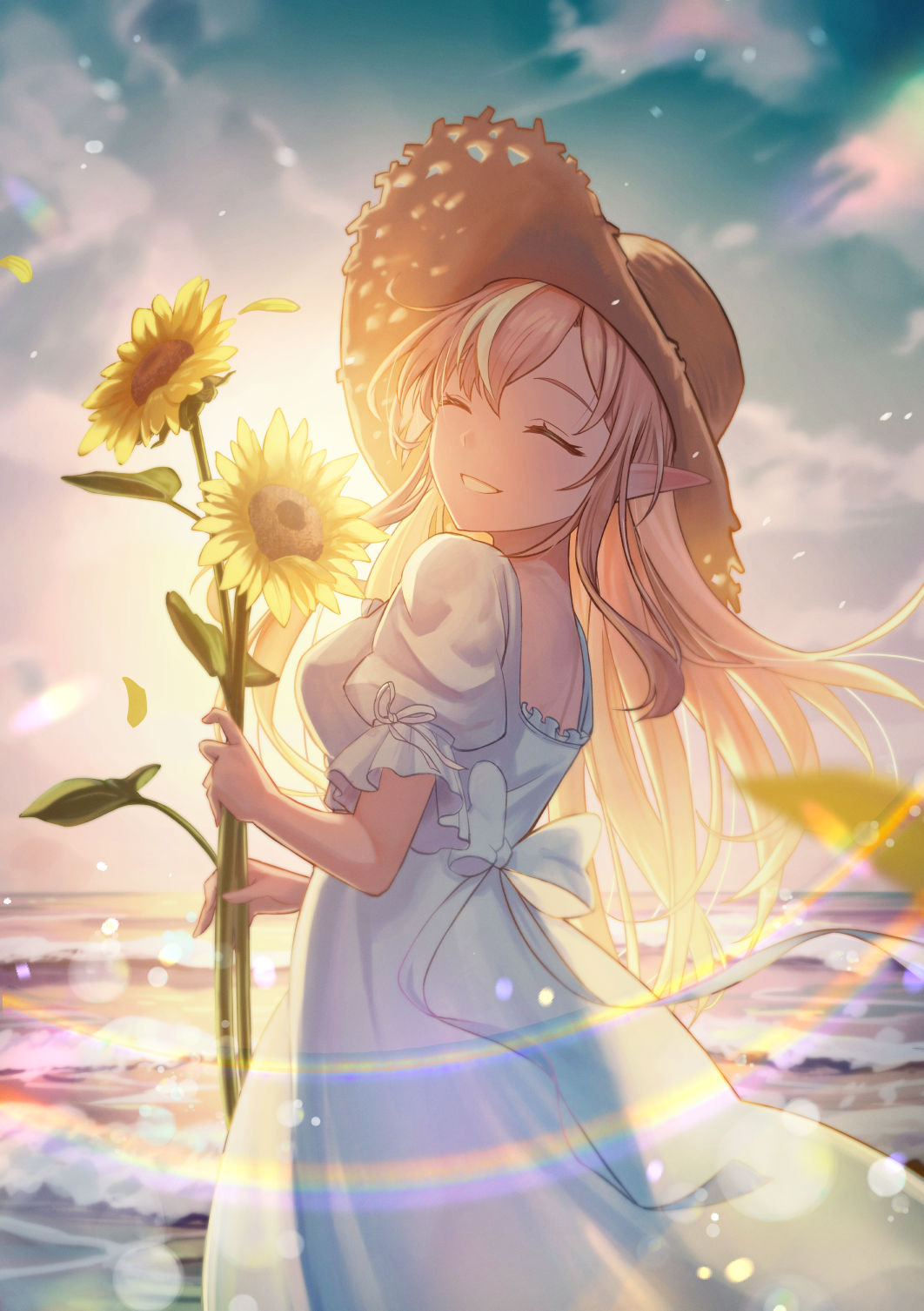 1girl alternate_costume alternate_hairstyle back_bow backlighting blonde_hair blue_sky bow closed_eyes clouds cloudy_sky dark-skinned_female dark_elf dark_skin dress elf facing_viewer falling_petals flower from_behind grin hair_down hat highres holding holding_flower hololive lens_flare long_hair looking_back multicolored_hair ocean outdoors petals pointy_ears puffy_short_sleeves puffy_sleeves sakumichi shiranui_flare short_sleeves sky smile solo straw_hat streaked_hair sundress sunflower teeth virtual_youtuber waves white_bow white_dress