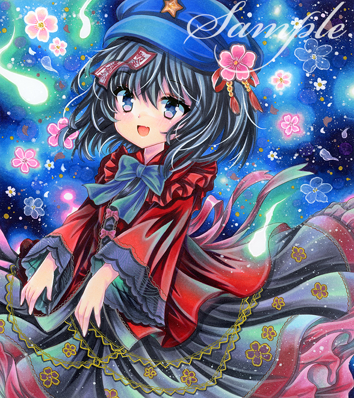 1girl :d black_hair black_skirt blue_background blue_bow blue_bowtie blue_eyes blue_headwear bow bowtie cherry_blossoms cowboy_shot embellished_costume flower frilled_shirt_collar frills hat hat_flower hat_ornament long_sleeves looking_at_viewer marker_(medium) miyako_yoshika ofuda ofuda_on_head open_mouth pink_flower red_shirt rui_(sugar3) sample_watermark shirt short_hair skirt smile solo standing star_(symbol) star_hat_ornament touhou traditional_media watermark wide_sleeves