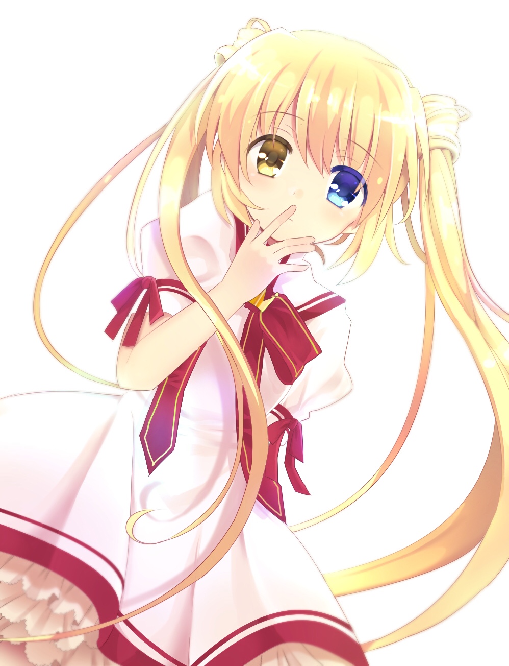 1girl blonde_hair blue_eyes blush clip_studio_paint_(medium) closed_mouth colored_eyelashes commentary cowboy_shot dress dutch_angle eyes_visible_through_hair finger_to_mouth floating_hair frilled_dress frills hair_between_eyes hand_up heterochromia highres kazamatsuri_institute_high_school_uniform long_hair looking_at_viewer nakatsu_shizuru neck_ribbon puffy_short_sleeves puffy_sleeves red_ribbon rewrite ribbon school_uniform shirt short_sleeves simple_background solo standing straight_hair twintails very_long_hair white_background white_shirt yellow_eyes yushima