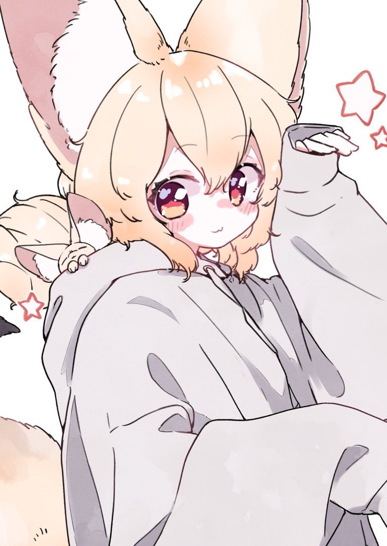 1girl :3 animal animal_ears animal_in_clothes arm_up blonde_hair blush_stickers closed_mouth commentary_request drawstring fennec_fox fox_ears fox_girl fox_tail grey_hoodie hair_between_eyes hood hood_down hoodie long_sleeves looking_at_viewer megateru original puffy_long_sleeves puffy_sleeves red_eyes simple_background sleeves_past_wrists solo star_(symbol) tail white_background