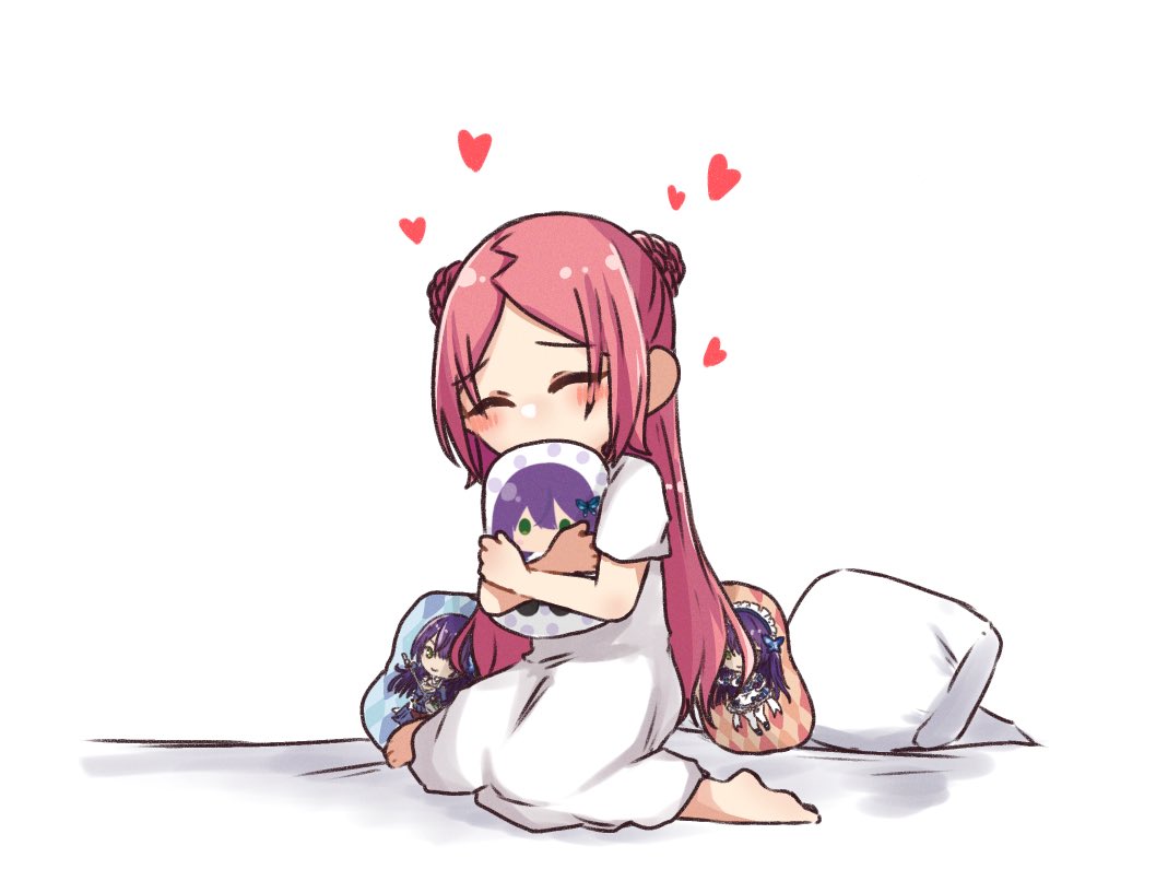 1girl ^_^ assault_lily barefoot bed_sheet blush braid braided_bun character_print closed_eyes commentary covered_mouth double_bun full_body funada_kiito hair_bun hands_up heart holding holding_pillow hugging_object nigari_(ngari_0115) nightgown parted_bangs pillow pillow_hug print_pillow redhead shiba_tomoshibi short_sleeves simple_background sitting solo wariza white_background white_nightgown